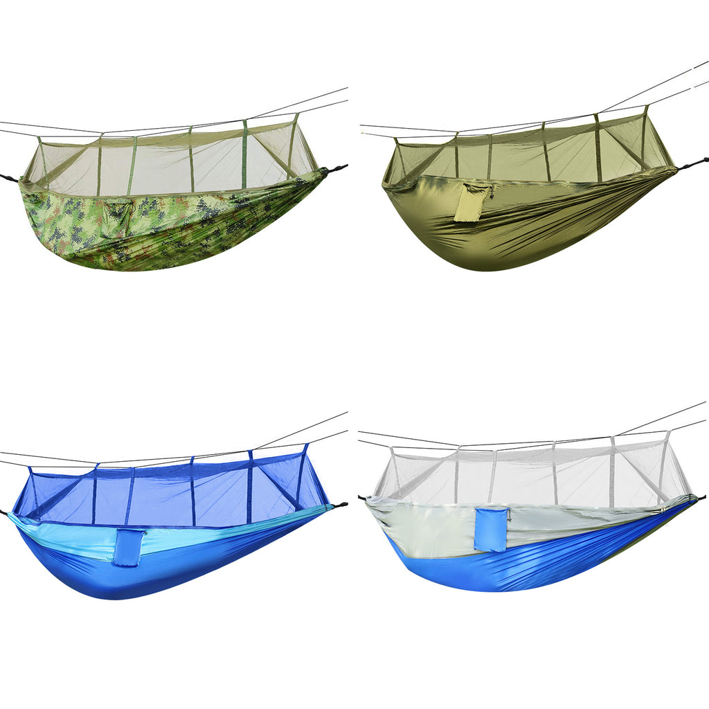 Double camping hammock with mosquito net, camouflage and blue/white fabric options.