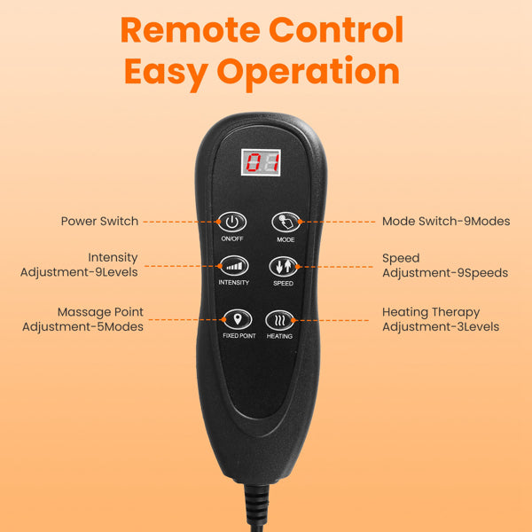 Black remote control with screen, mode and intensity buttons for massage and heating