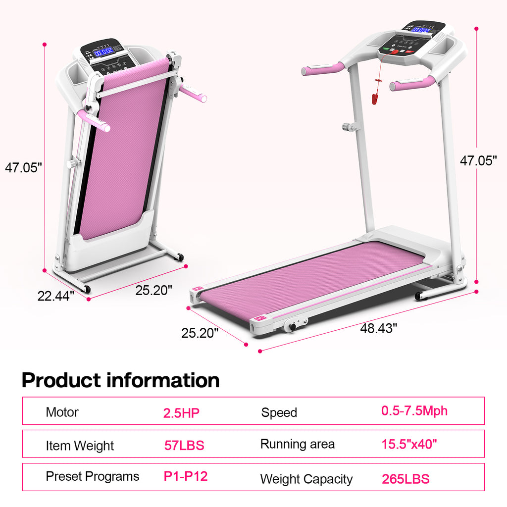 Folding treadmill with pink running deck, white frame, and dual handrails