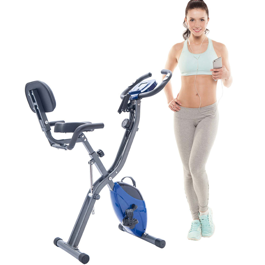 Folding exercise bike with black seat, gray frame, and blue flywheel housing