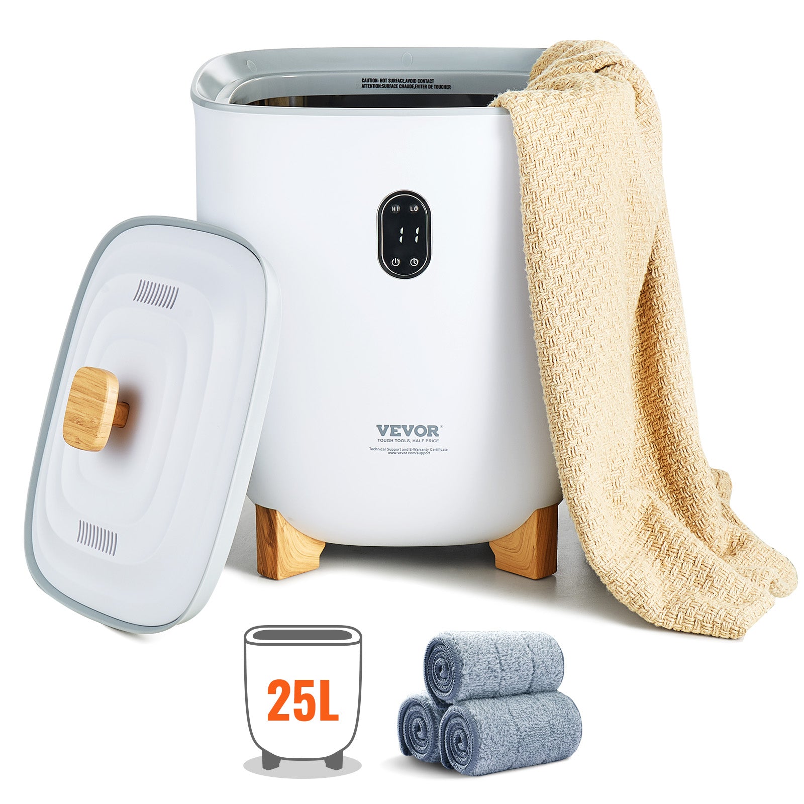 White towel warmer bucket with open lid, holding large rolled towels