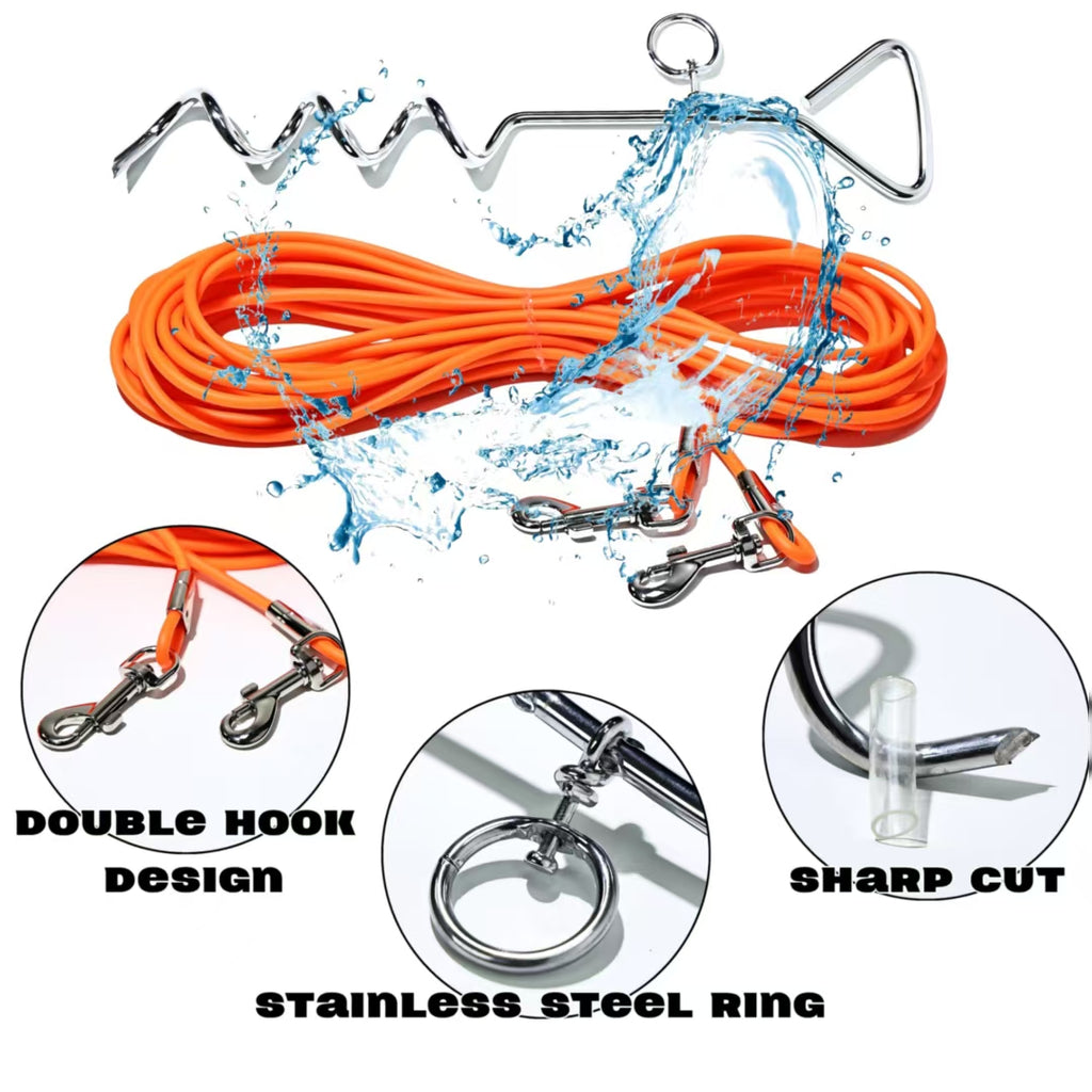 Orange coiled dog tie-out leash with metal hooks, double ring, and stainless swivel