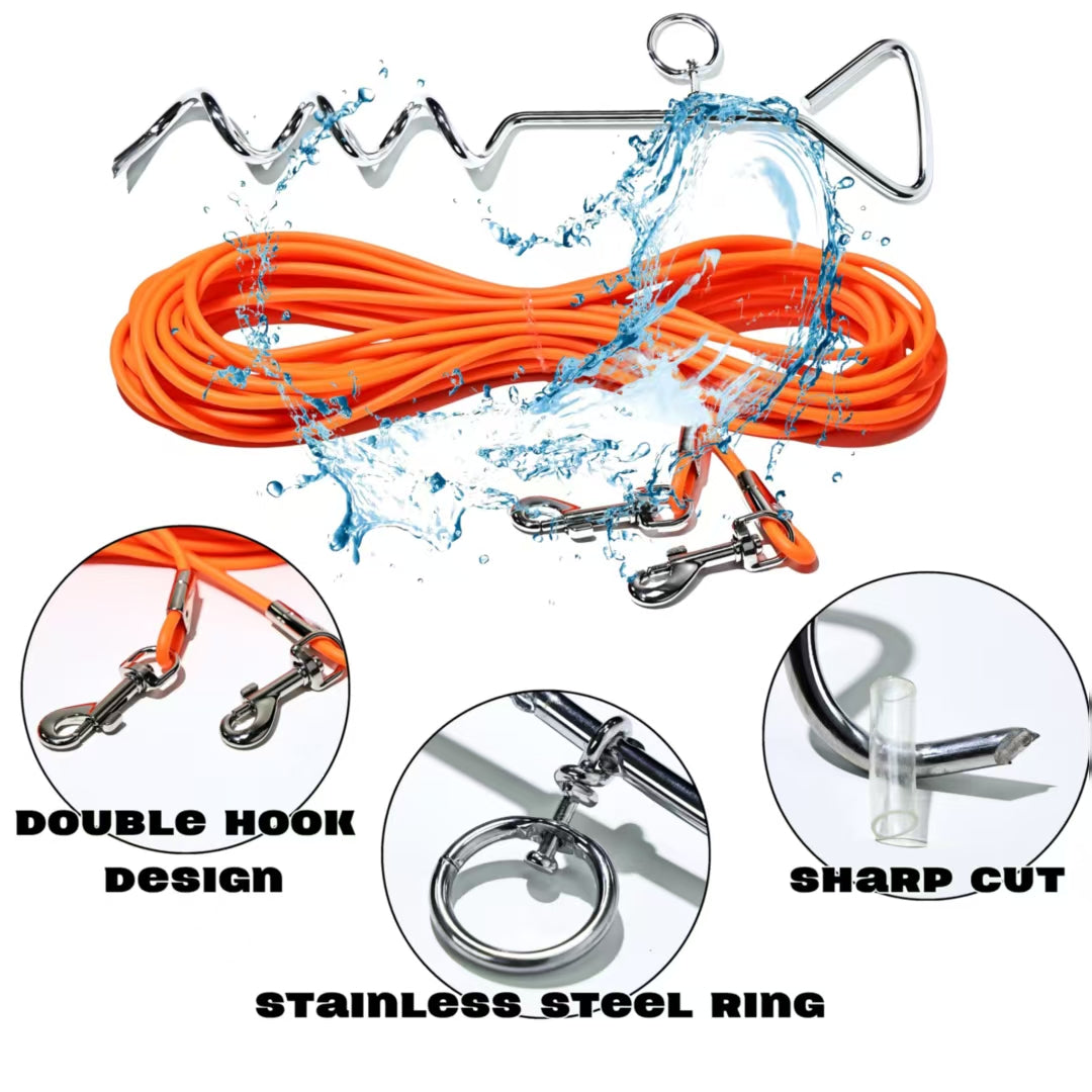Orange coiled dog tie-out leash with metal hooks, double ring, and stainless swivel