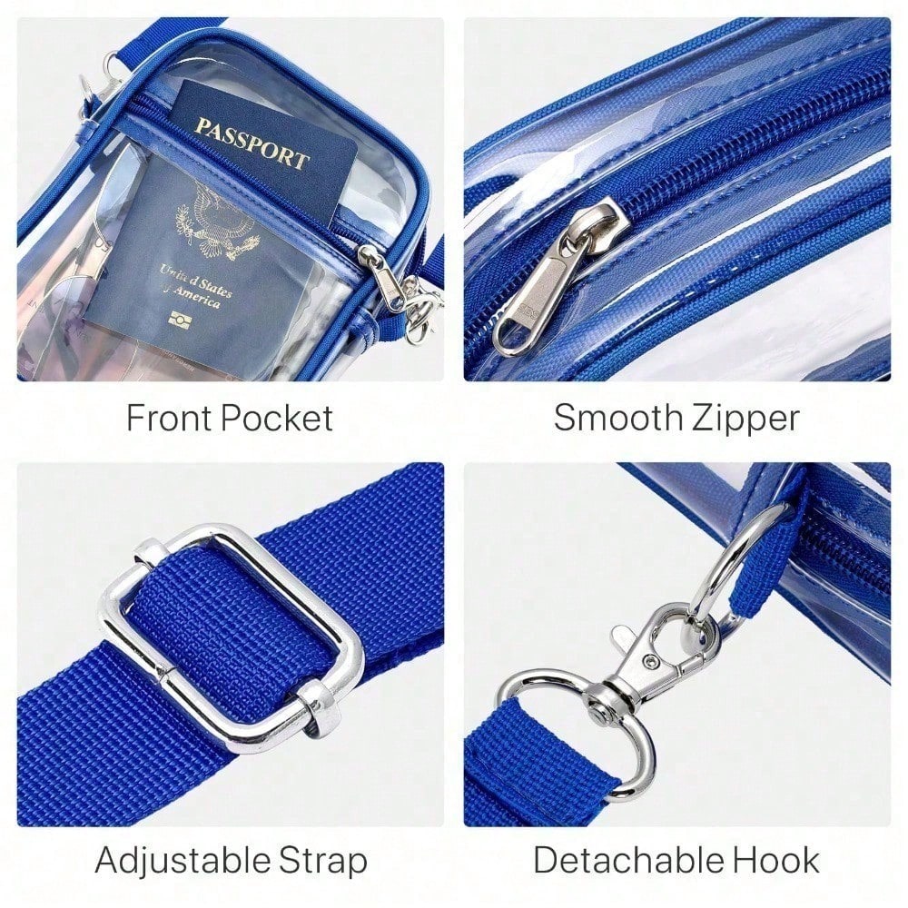 Blue clear crossbody bag details: front pocket, smooth zipper, detachable hook