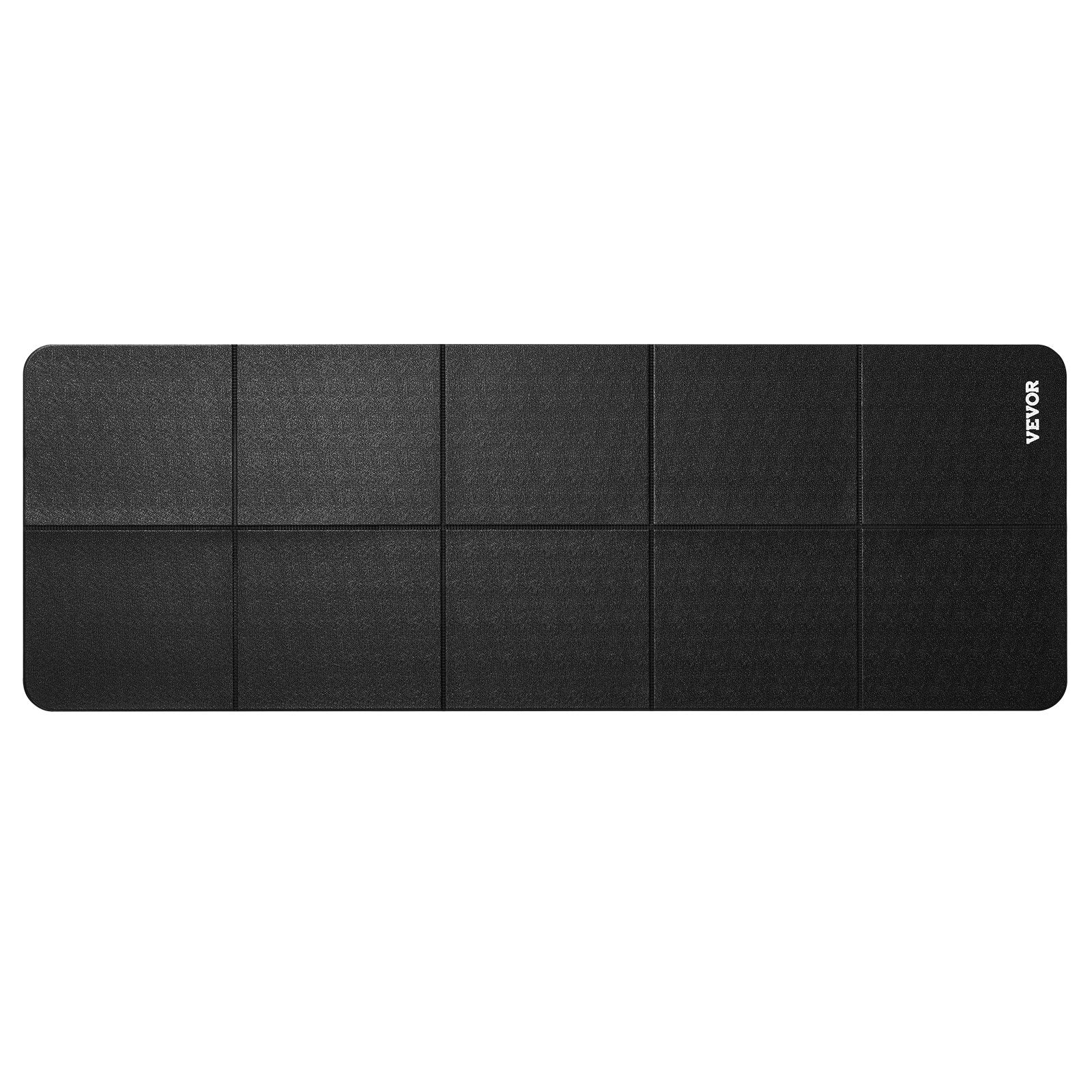 Black foldable treadmill mat with segmented grid panels and non-slip texture, VEVOR logo