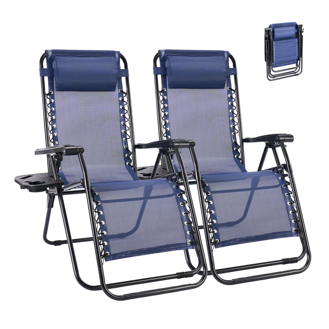 Blue folding lounge recliner chair set of 2 with pillow, arm tray, and cup holder.