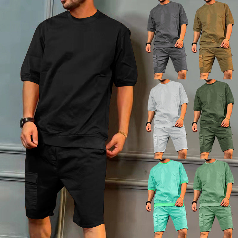 Men's black short-sleeve shirt and knee-length shorts set