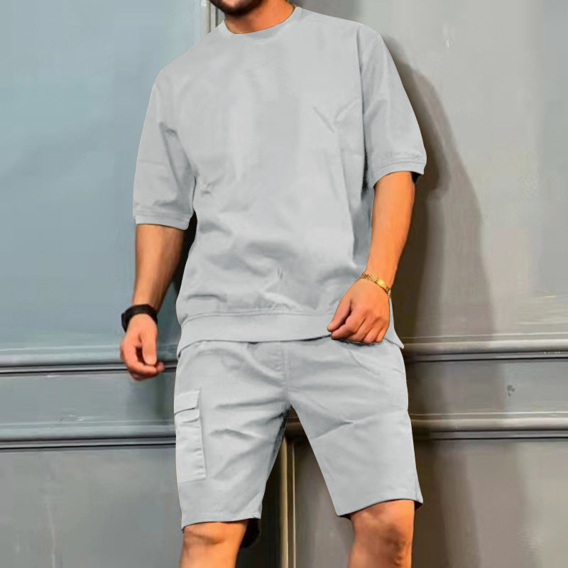 Men's light grey short-sleeve shirt and knee-length shorts set