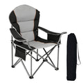 Oversized camping folding chair with gray seat, black frame, and side cup holder