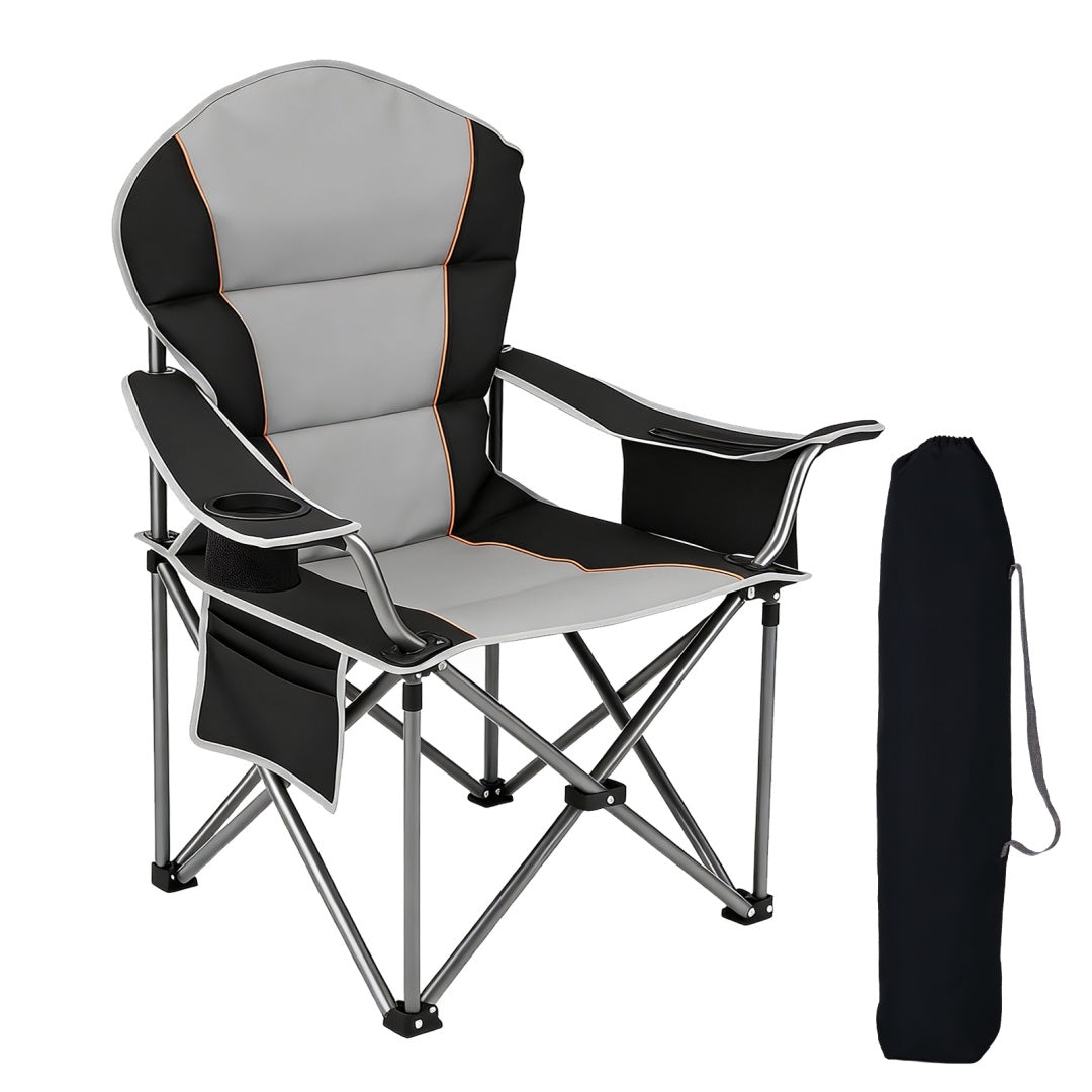 Oversized camping folding chair with gray seat, black frame, and side cup holder