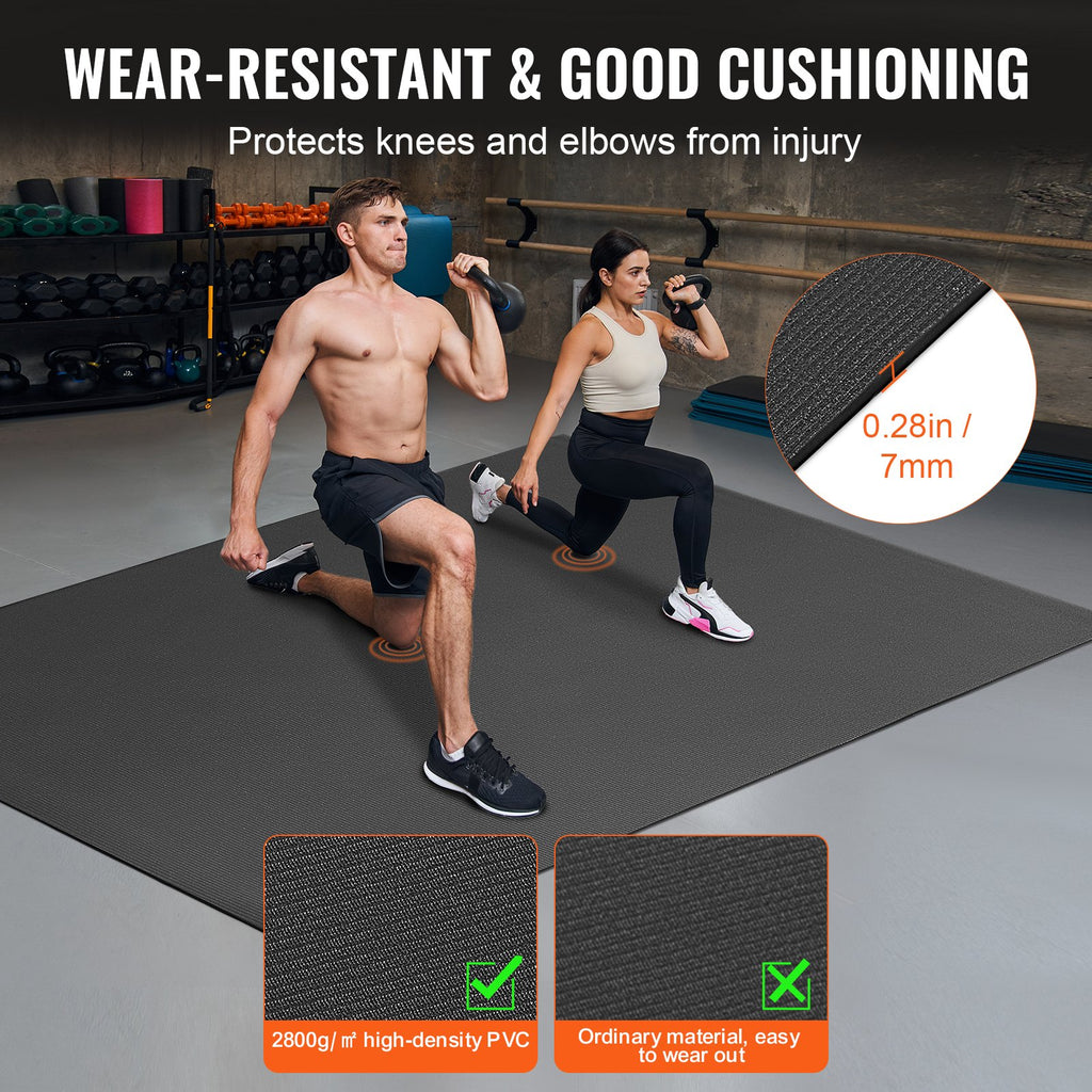Black exercise mat with cushioned 7mm thickness for yoga, HIIT, and training