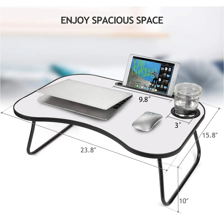 Foldable lap desk with grayish white top, black frame, and cup holder groove