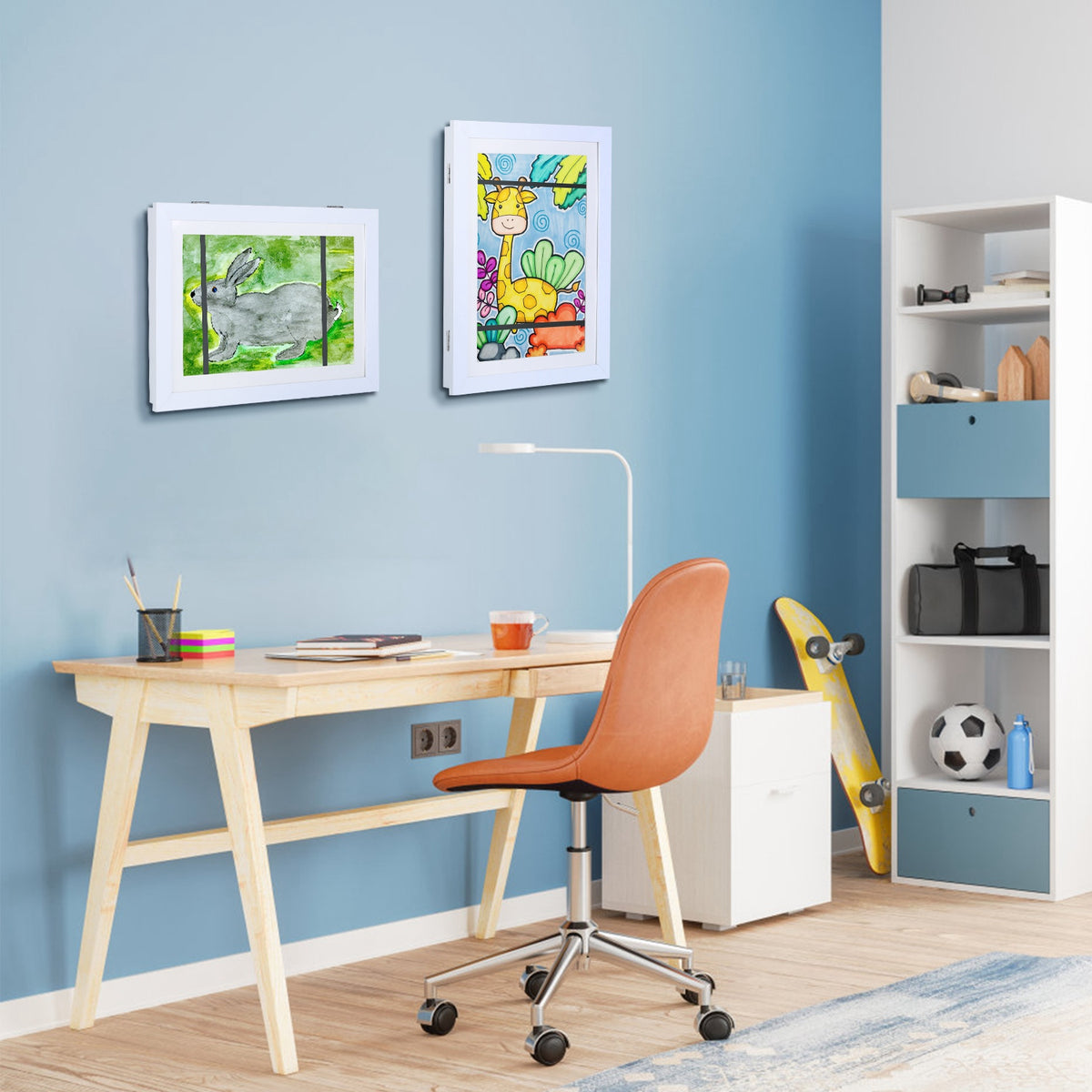 A4 front-opening art frame in black with glass, shown wall display style with artwork.