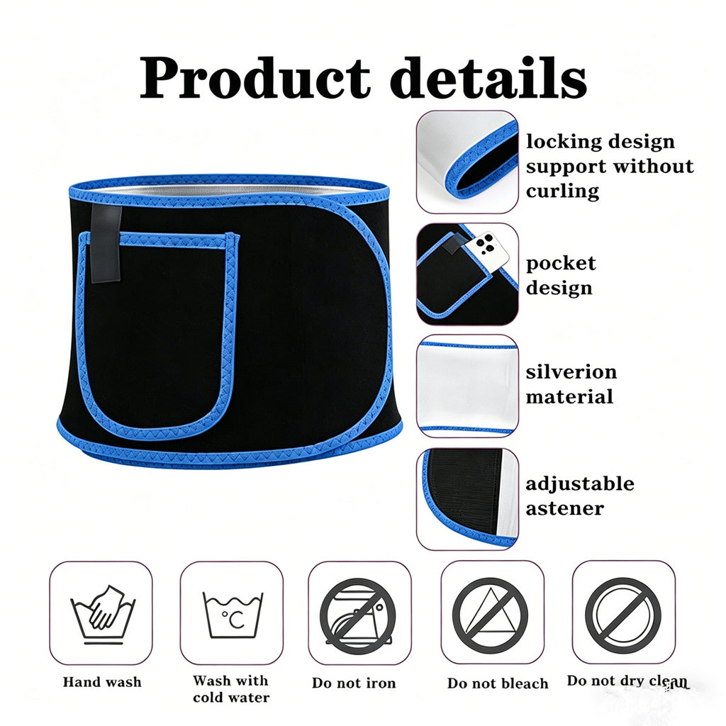 Black waist trimmer belt with blue trim, front pocket, adjustable side fastener