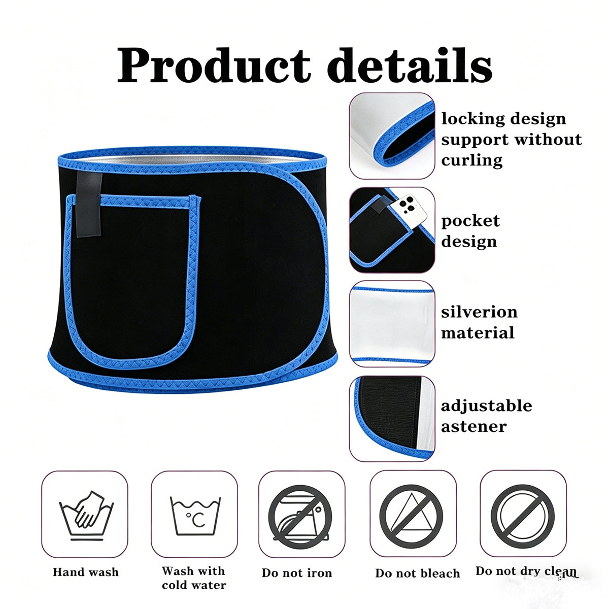 Black waist trimmer belt with blue trim, front pocket, adjustable side fastener