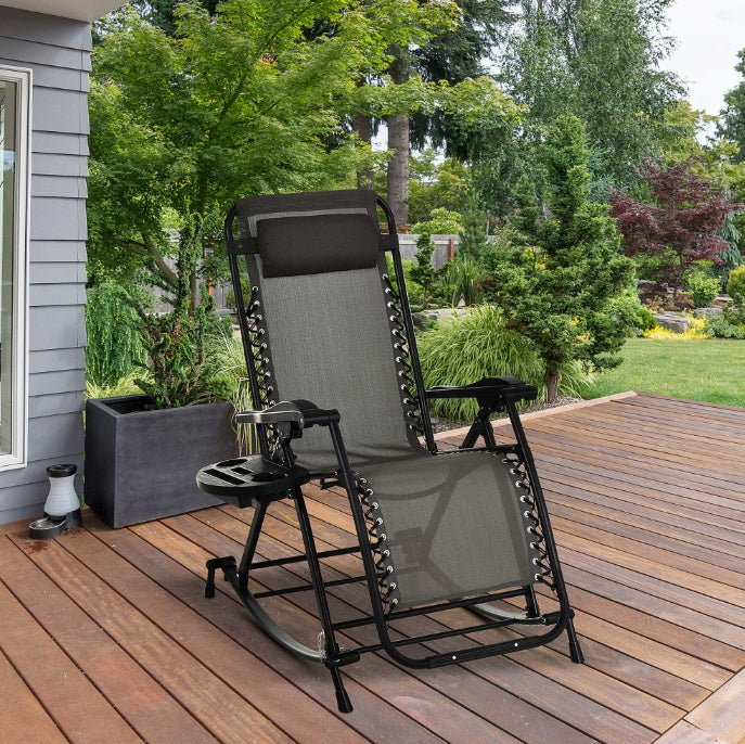 Zero Gravity rocker chair with headrest, black frame, gray fabric, side phone tray