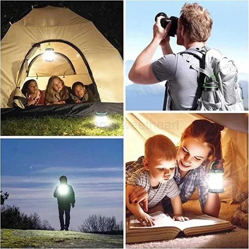 Portable solar camping lantern with green handle shown in tent, outdoor walk, and reading scenes