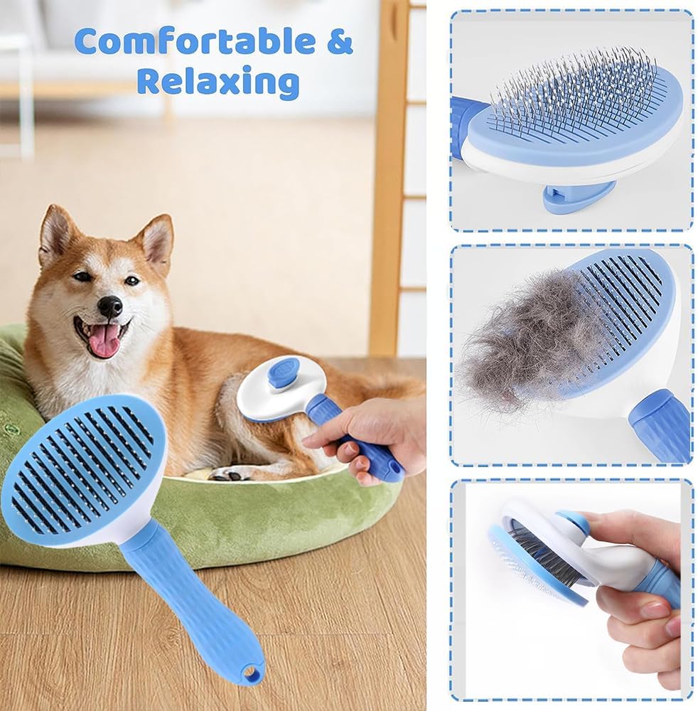 Blue pet grooming brush and matching comb used on a dog in a grooming tub