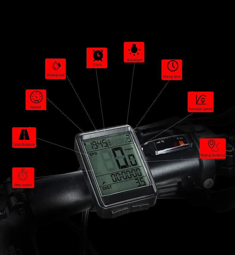 Bike speedometer with green LCD on handlebar, showing multiple trip metrics