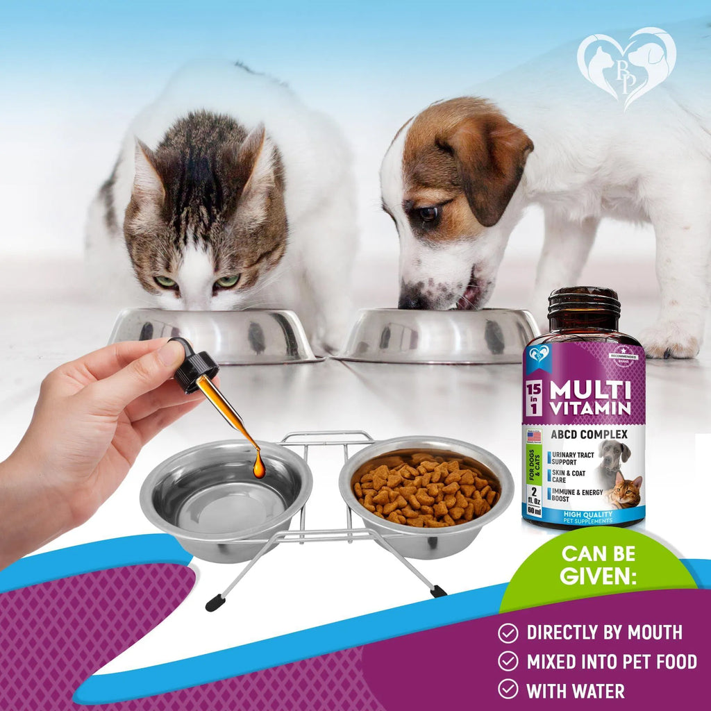 15-in-1 multivitamin liquid bottle with dropper dispensing into food bowls, can be mixed or given