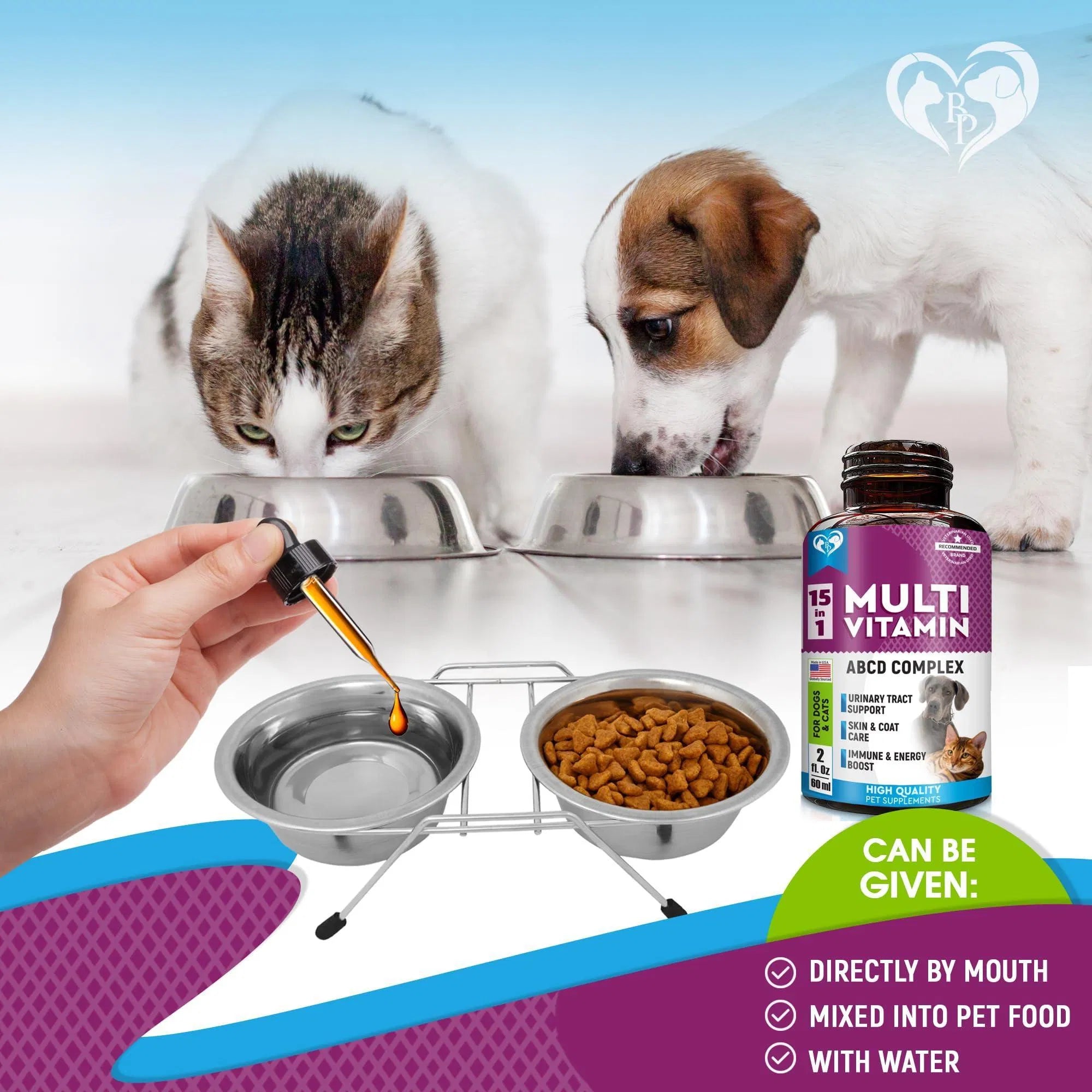 15-in-1 multivitamin liquid bottle with dropper dispensing into food bowls, can be mixed or given