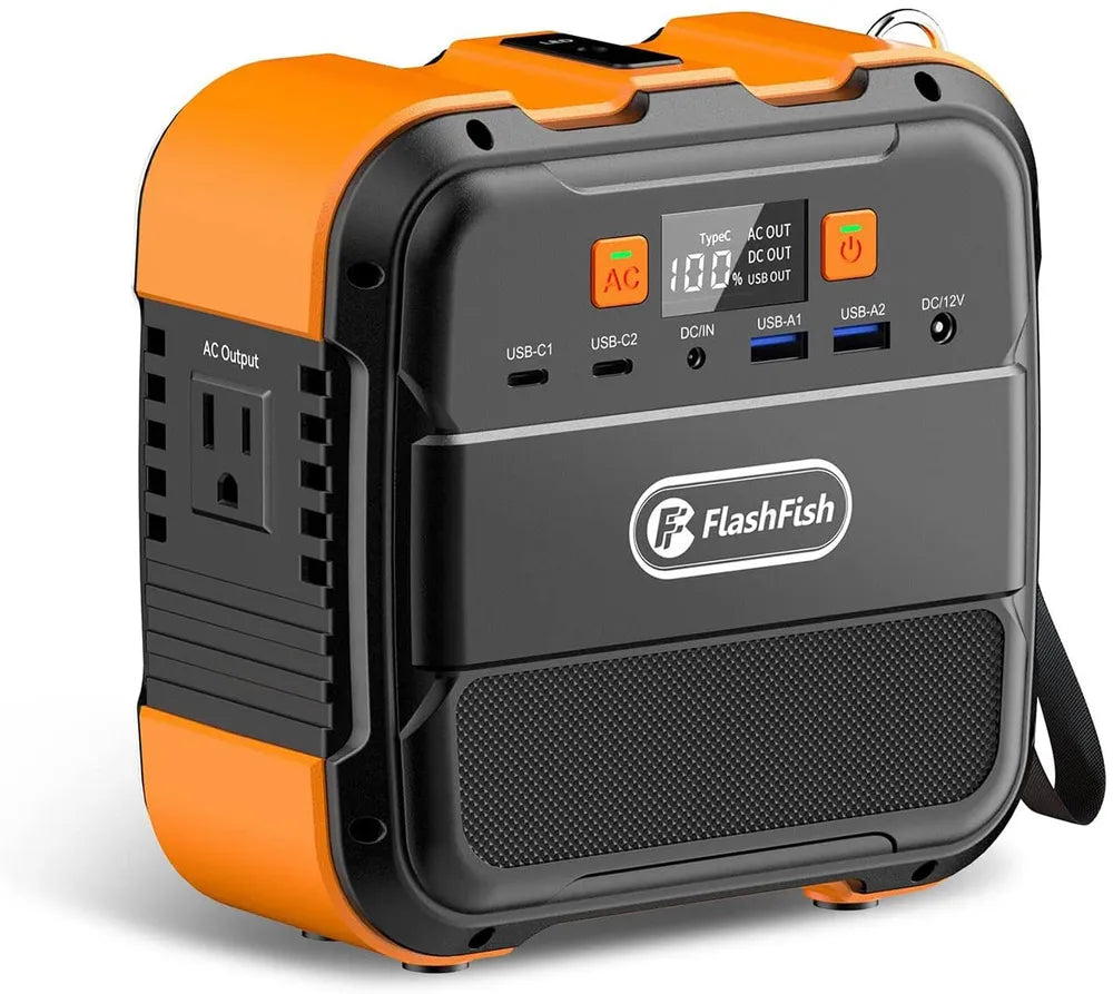 Portable power station with orange top handle and front AC/USB output ports