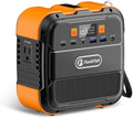 Portable power station with orange top handle and front AC/USB output ports