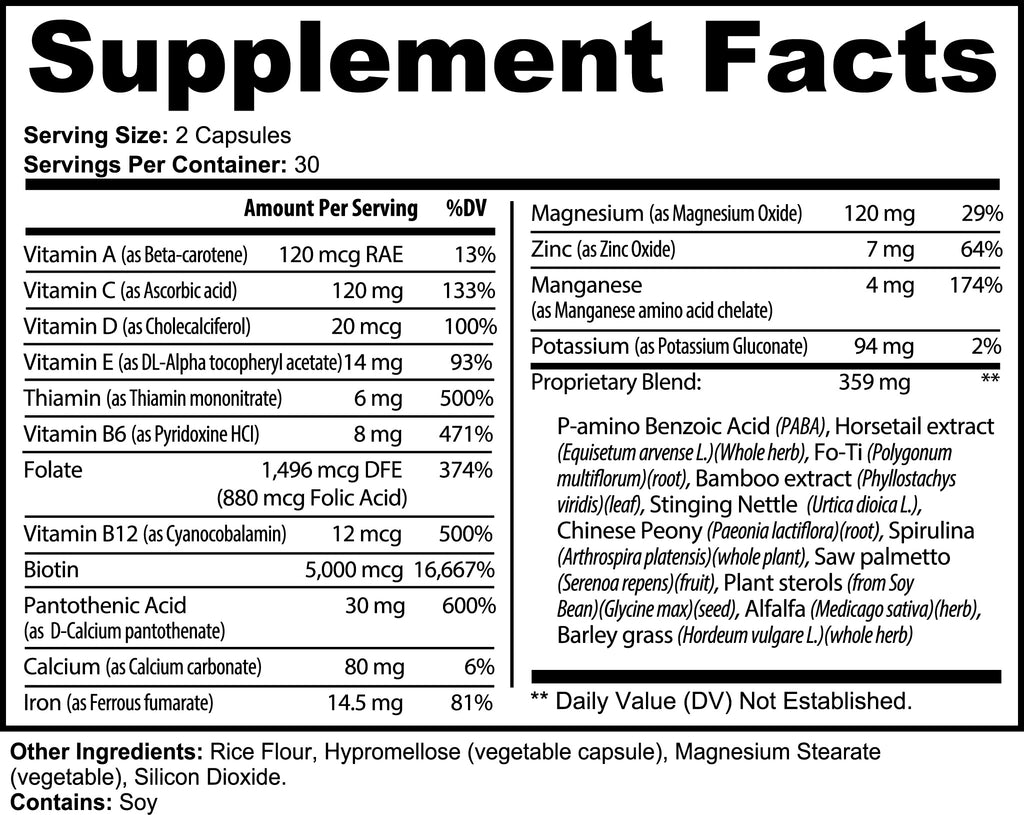 Supplement Facts label listing vitamins, minerals, and proprietary blend for Hair Skin & Nails