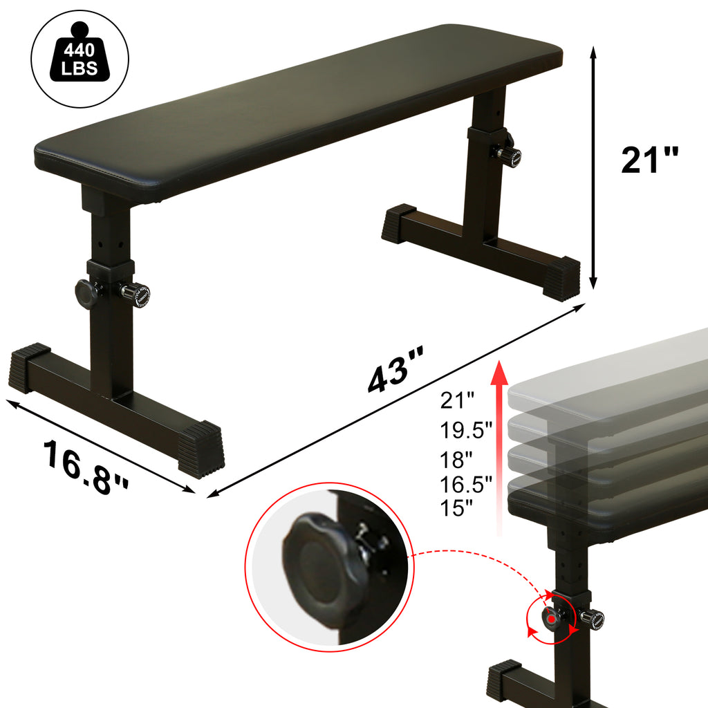 Flat weight bench with padded top and adjustable steel legs, black end knob.