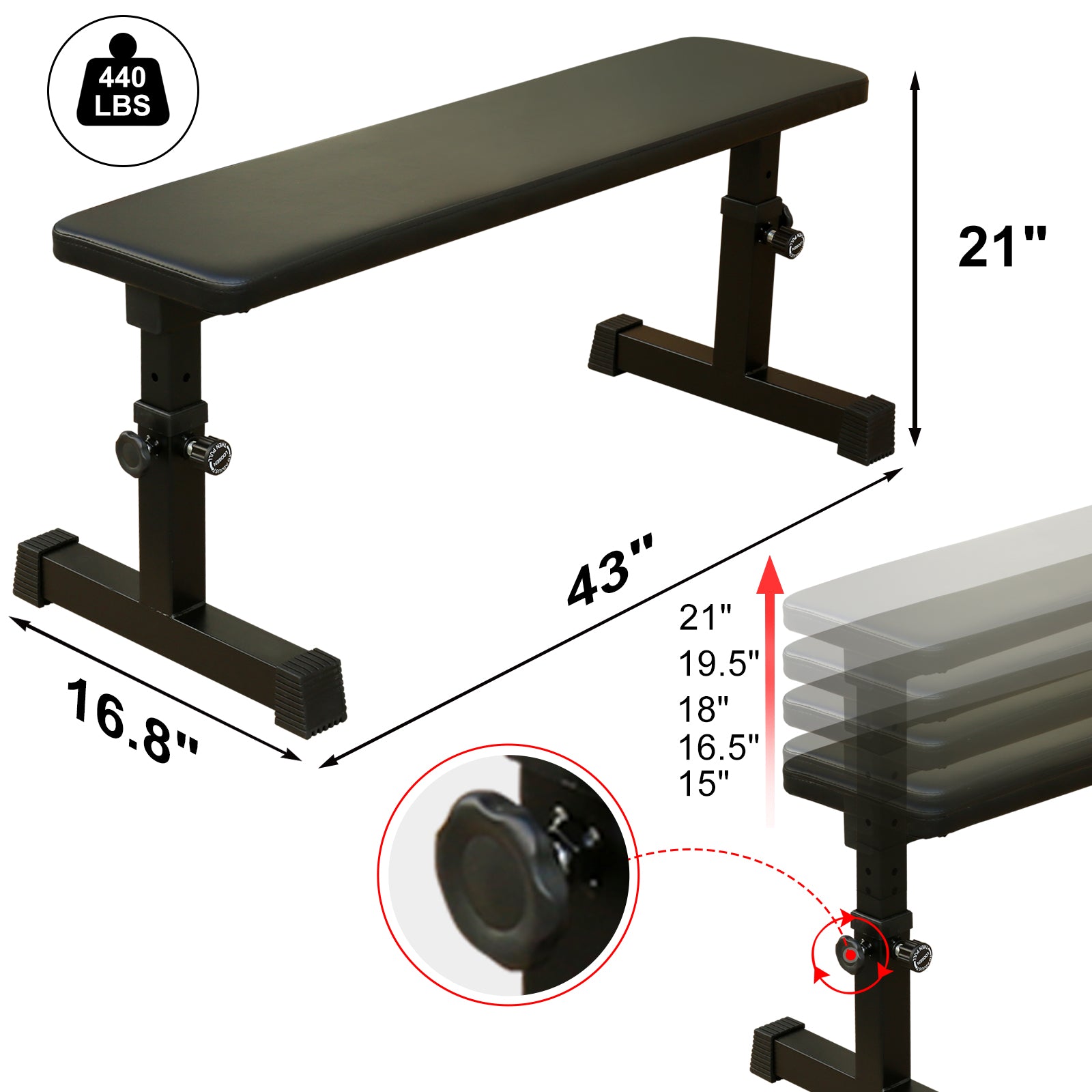 Flat weight bench with padded top and adjustable steel legs, black end knob.