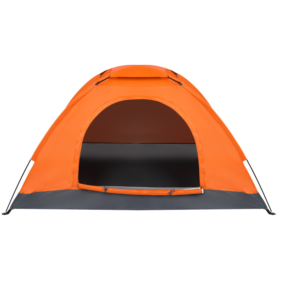 Orange 1-person dome tent with open front doorway and dark gray floor