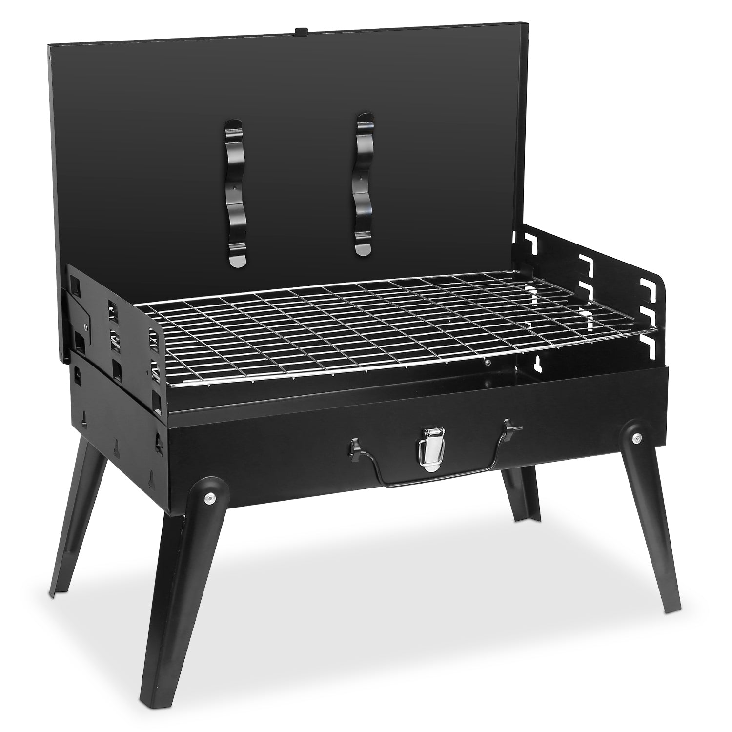 Black portable grill with lid open, wire cooking grate, heat shield and utensil brackets