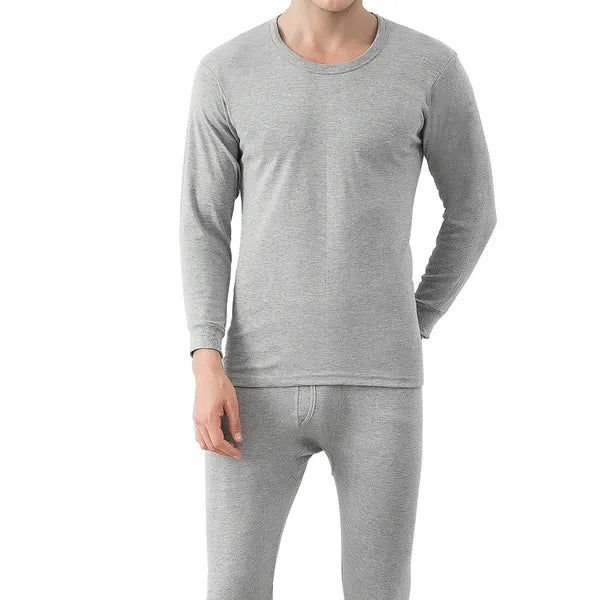 Grey men's thermal base layer set with long-sleeve crew top and stretch leggings