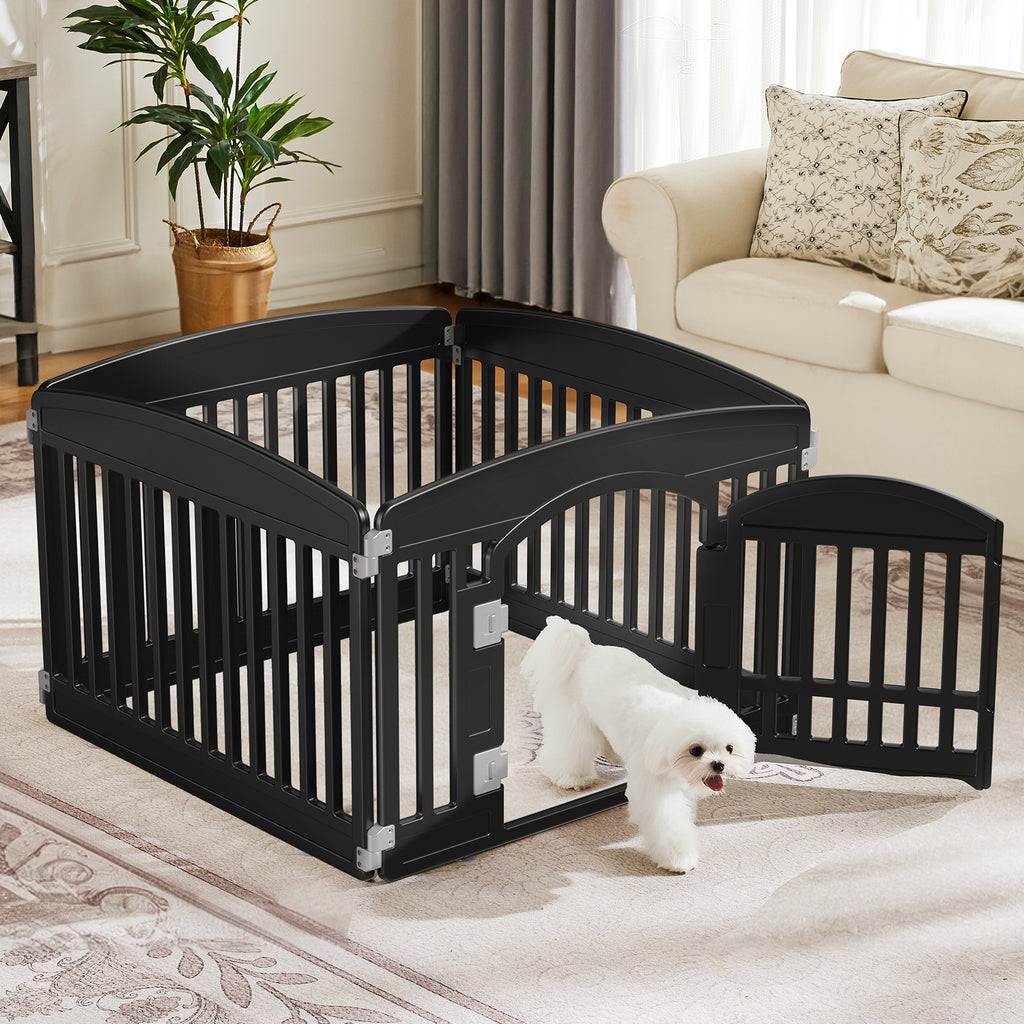 Black foldable dog playpen fence with arched top panels and front gate section