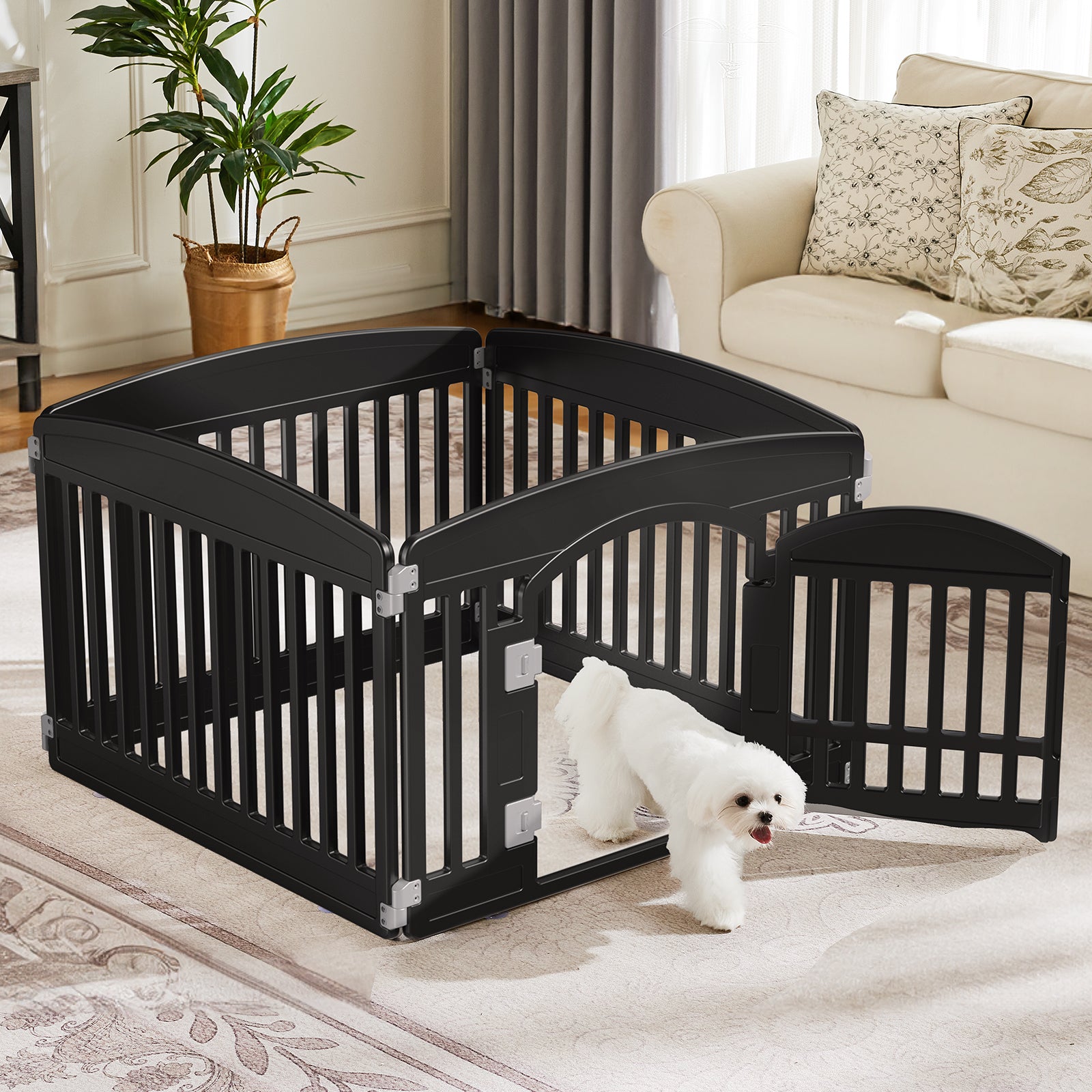 Black foldable dog playpen fence with arched top panels and front gate section