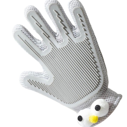 Gray pet grooming glove close-up of comb-tooth and massage silicone tips