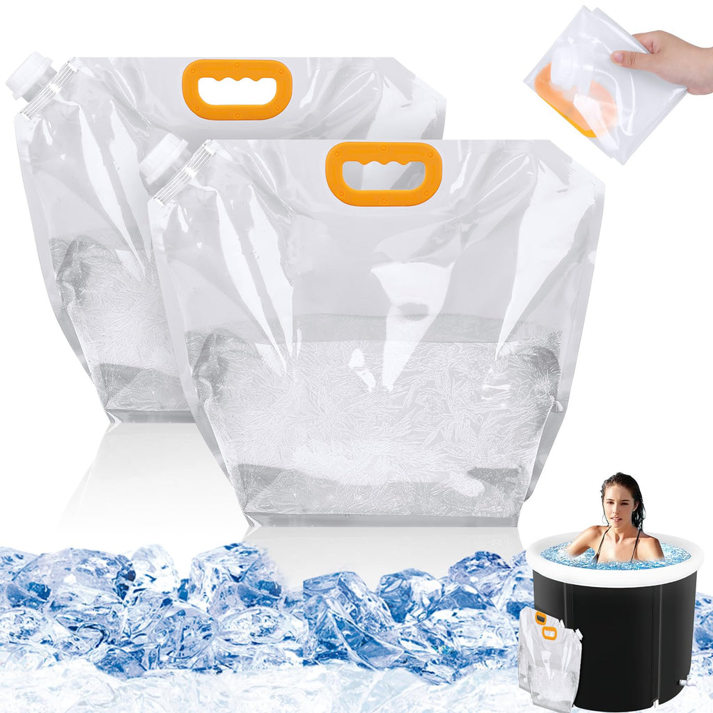 Ice bath bag 2-pack, super large 10L; two clear white bags with orange handles