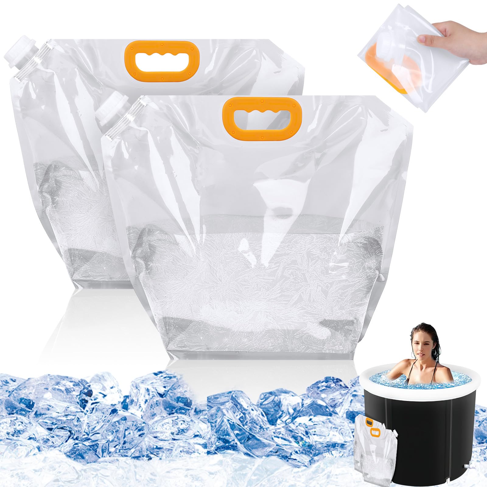 Ice bath bags 2-pack, clear white plastic pouches with orange handles; accessories set