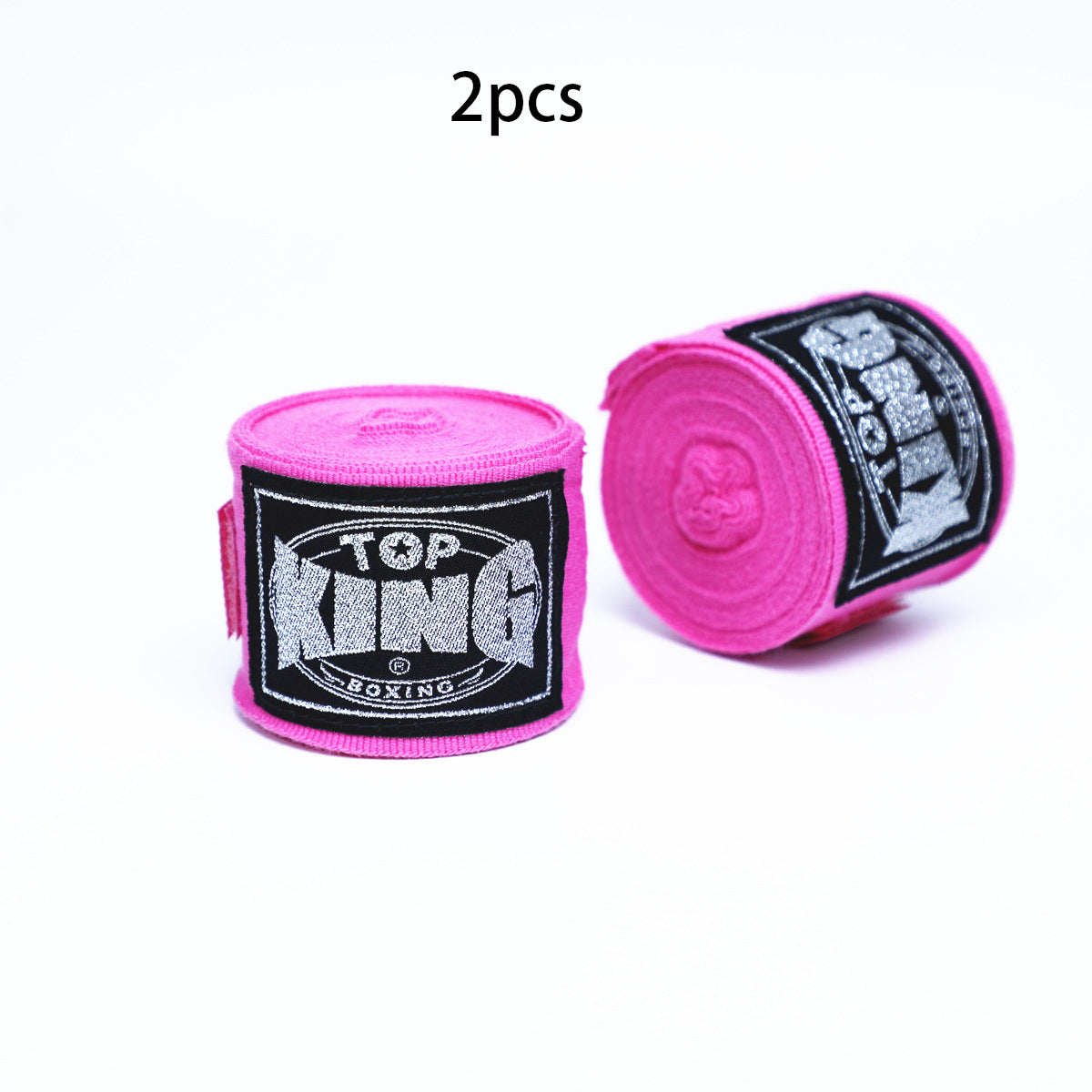 Pair of boxing hand wraps with Top KING logo, bright pink wrist and knuckle protection bandages.