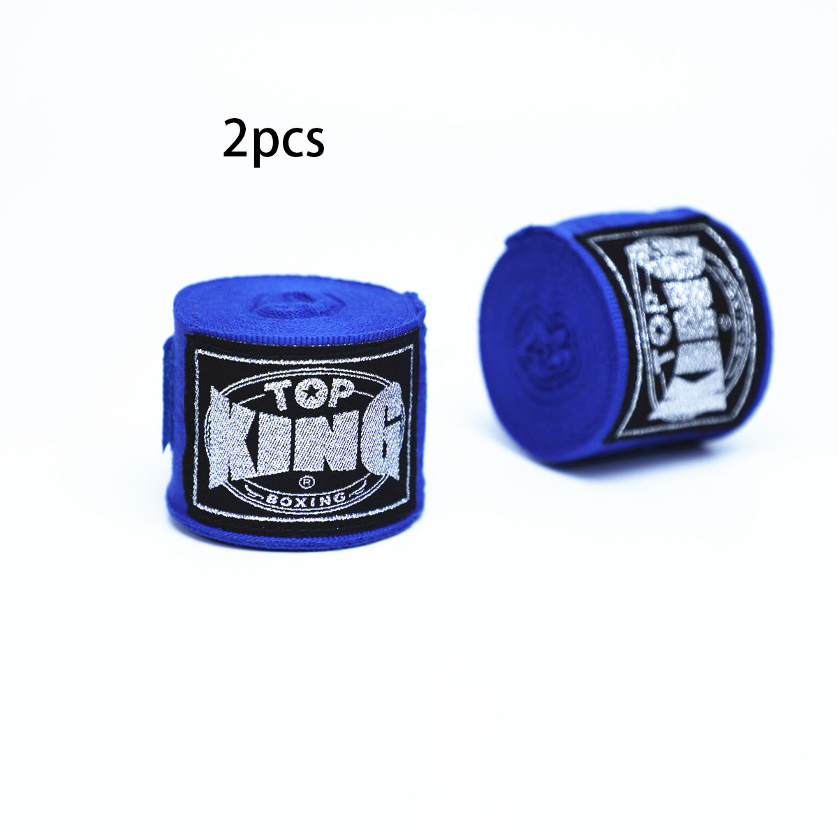 Pair of boxing hand wraps with Top KING logo, blue wrist and knuckle protection bandages.