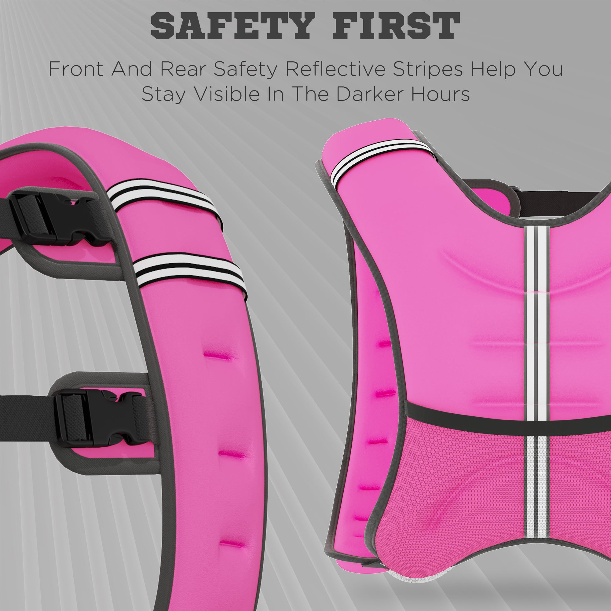 Pink weighted vest with black straps and reflective stripes on front edges
