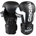Boxing training gloves in black with white stripe panel and logo on the wrist