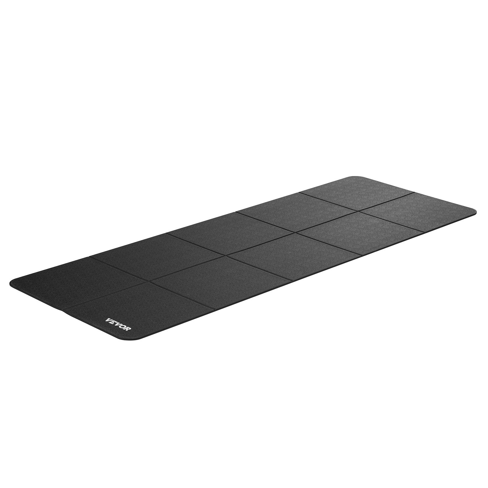 Black foldable treadmill mat laid flat with textured non-slip surface and grid seams