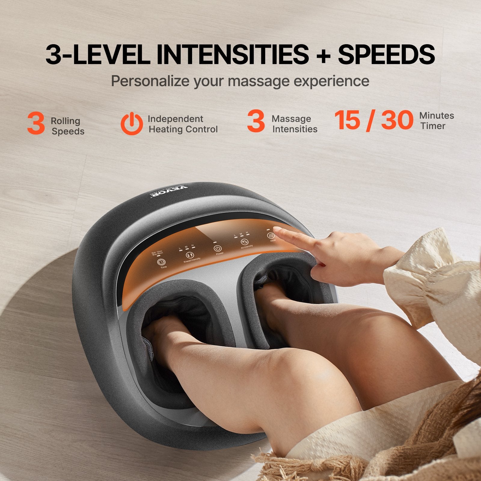 Foot massager with top control panel and two roller wells for feet, on a cushioned seat
