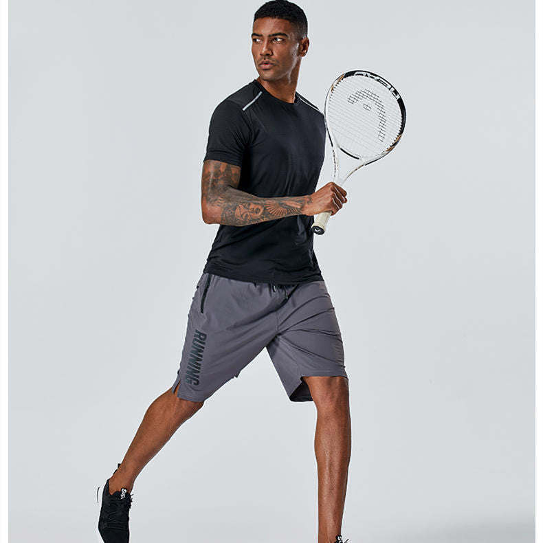 Gray quick-dry running shorts with elastic waistband and drawstring, sporty side panel.