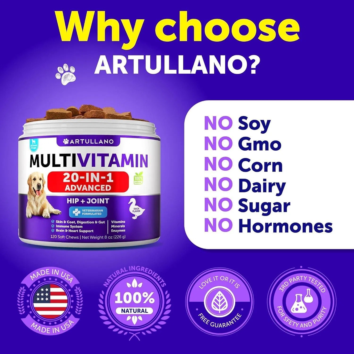 Dog multivitamin jar with no-soy, no-GMO, no-corn, no-dairy, no-sugar, no-hormones claim text