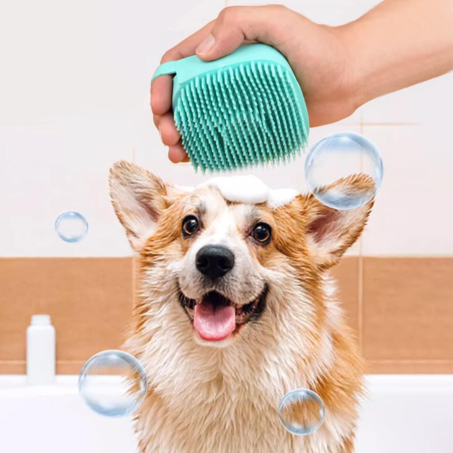 Teal self-cleaning grooming brush held above a dog with soap bubbles