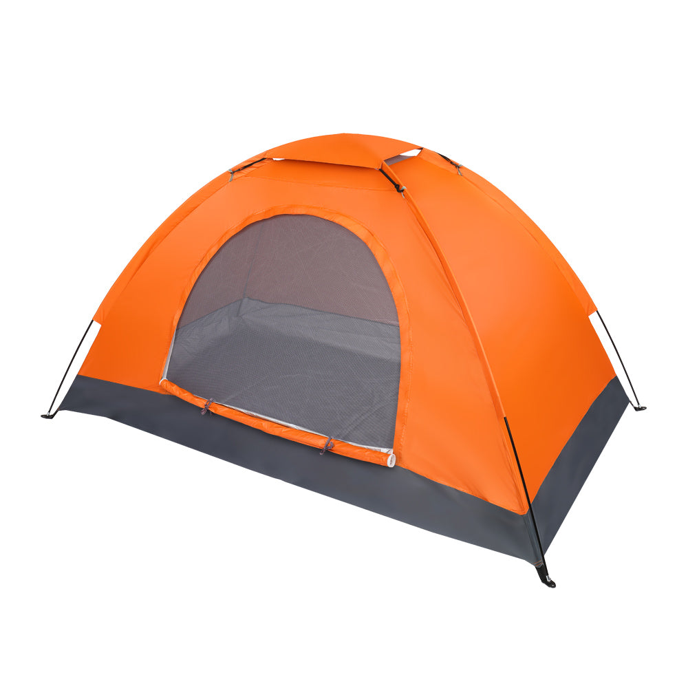 Orange 1-person dome tent with front mesh window panel and dark gray base