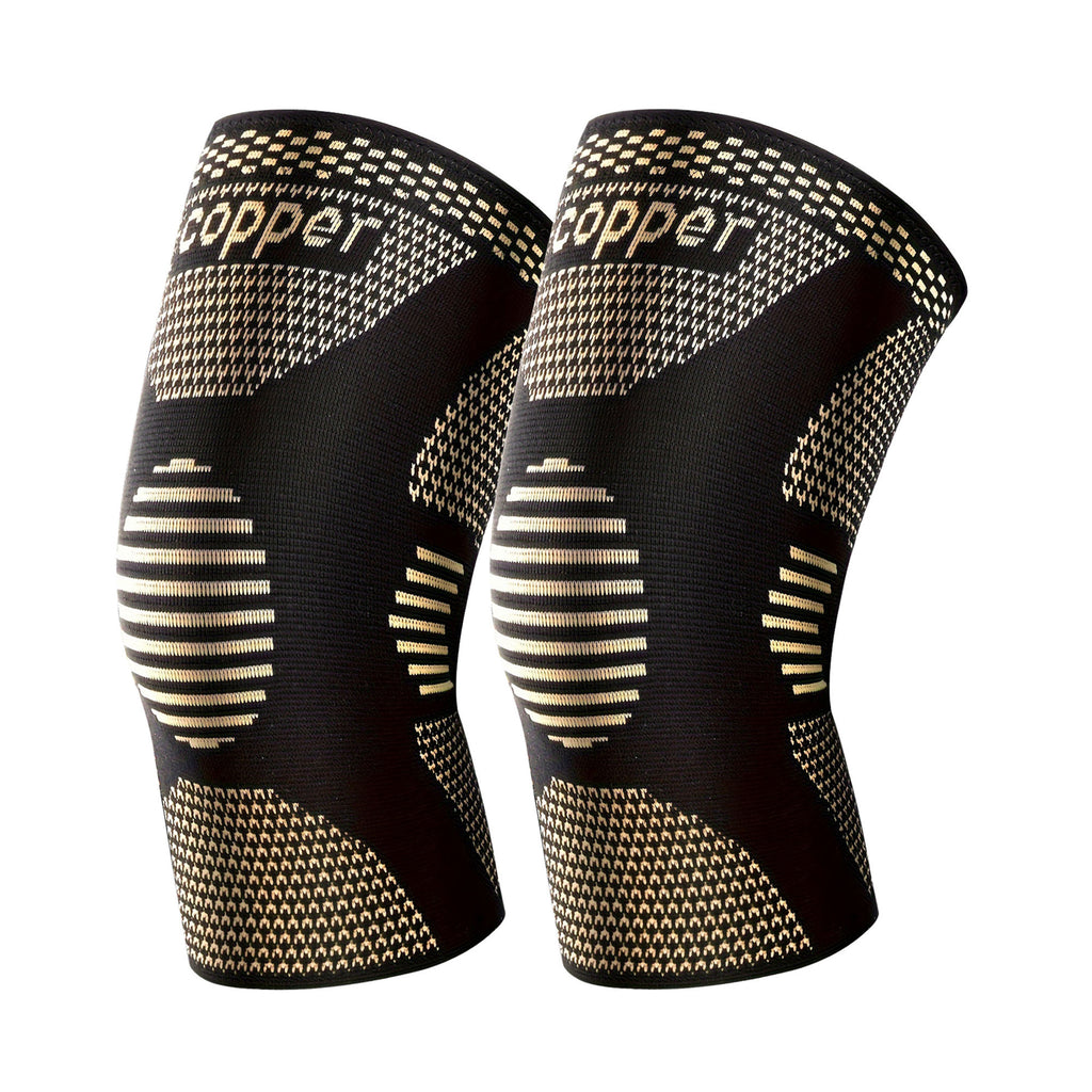 Pair of black copper knee compression sleeves with gold diagonal knit and COPPER print