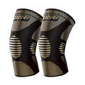Pair of black copper knee compression sleeves with gold diagonal knit and COPPER print